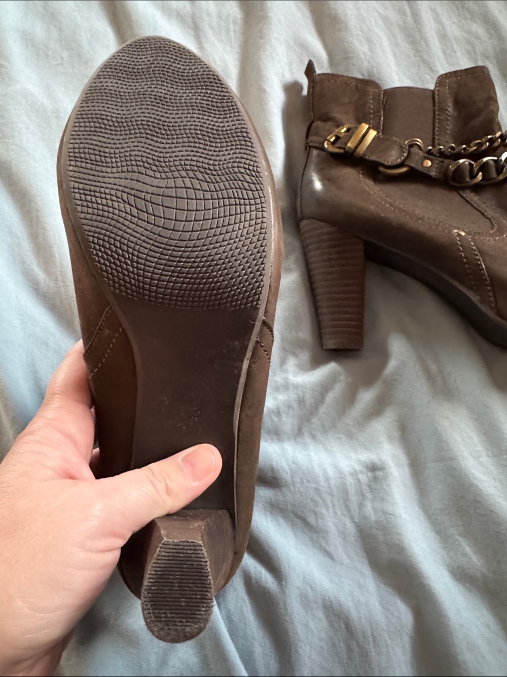 Nicole Miller Brown Leather Ankle Booties with Chain & Buckle - Picture 3 of 5